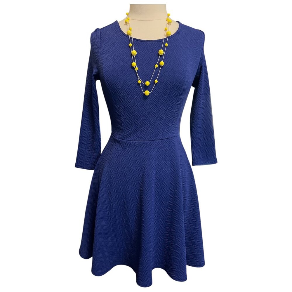 Short, blue, textured knit dress